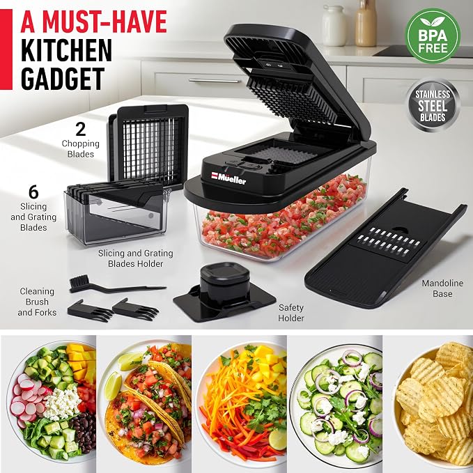 MUELLER HOME Pro-Series 10-in-1, 8 Vegetable Chopper & Mandoline Slicer | Food-Prep Tool, Fruit Cutter, Dicer, Veggie Chopper with Container, Kitchen Essentials, House Warming Gifts New Home, Black