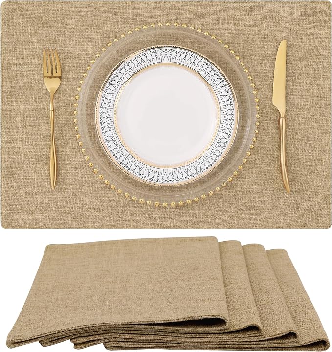 Faux Cotton Linen Placemats Set of 4, Cloth Washable Farmhouse Dining Table Mats for Indoors & Outdoors, Easy to Clean, Linen, 13 x 19 Inch