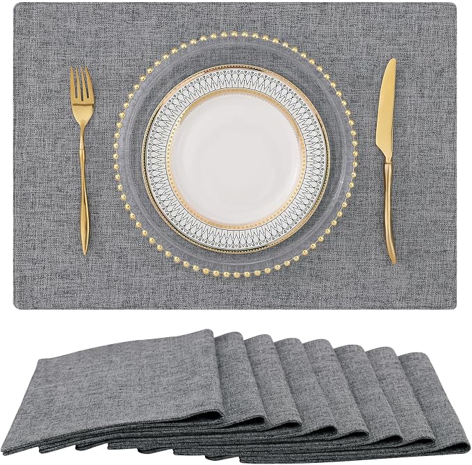 Faux Cotton Linen Placemats Set of 8, Cloth Washable Farmhouse Dining Table Mats for Indoors & Outdoors, Easy to Clean, Dark Grey, 13 x 19 Inch