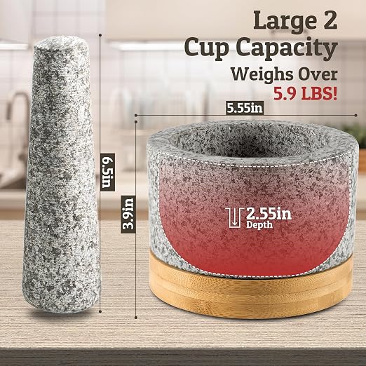 PriorityChef Heavy Duty Mortar and Pestle Set with Bamboo Base, 100% Natural Granite Stone Grinder, Guacamole Bowl and Masher, 2 Cups, Grey