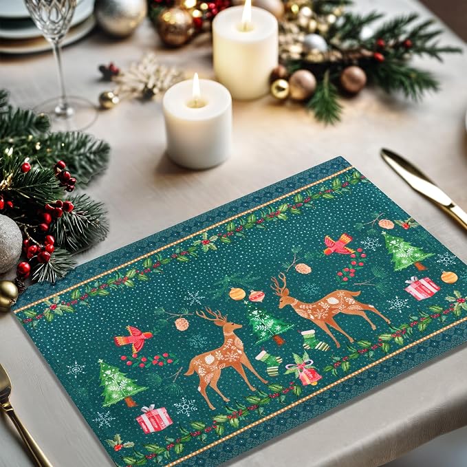 Maison d' Hermine Placemats Set of 4 Reusable 100% Cotton (13"x19") | Cloth Place Mats Washable Table Mats for Kitchen Dining Party Wedding Hotel Home Thanksgiving Christmas - Hygge Christmas
