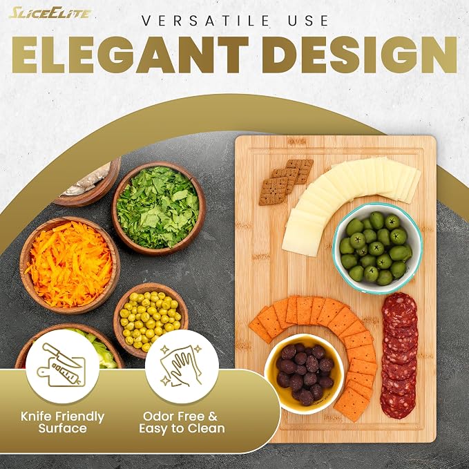 SliceElite Wood Cutting Board - 3 Piece Bamboo Cutting Board Set, Wooden Cutting Boards for Kitchen with Deep Juice Groove, Side Handles - Wood Chopping Boards for Meal Prep, Meat, Vegetables