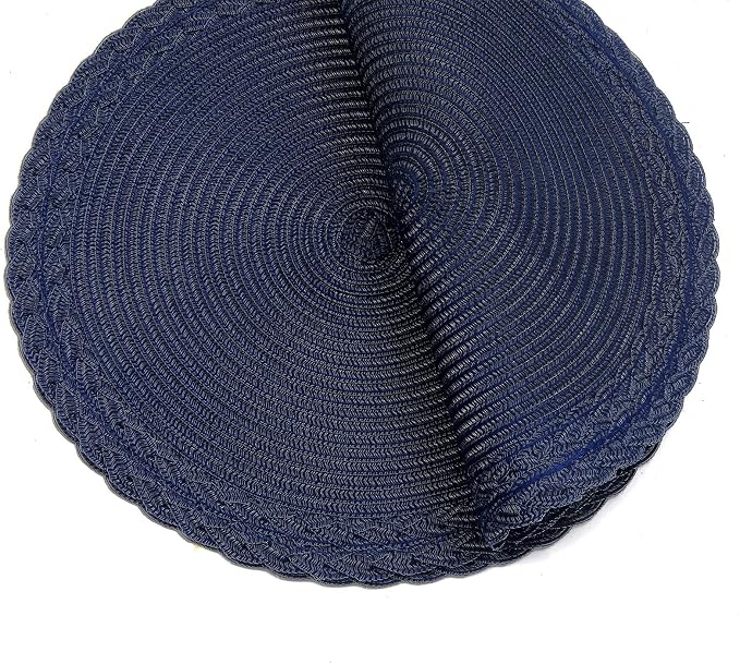 SHACOS Round Placemats Set of 6 Braided Border Fabric Woven Table Mats Washable 15 inch Circle Place Mats for Dining Table, Navy Blue (Pack of 2)