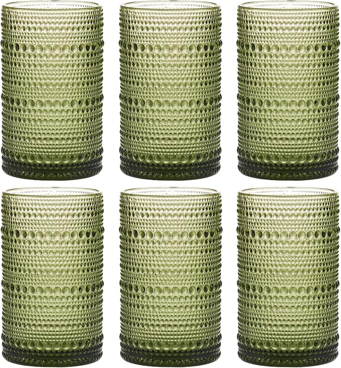 Moretoes 12 Oz Green Hobnail Drinking Glasses Set of 6,o Water Glass Cups | 12 Oz Highball Glasses Embossed Boh Kitchen Bar Tumbler Glassware Set for Whiskey, Beer, Juice, Milk and Various Mixed Drink