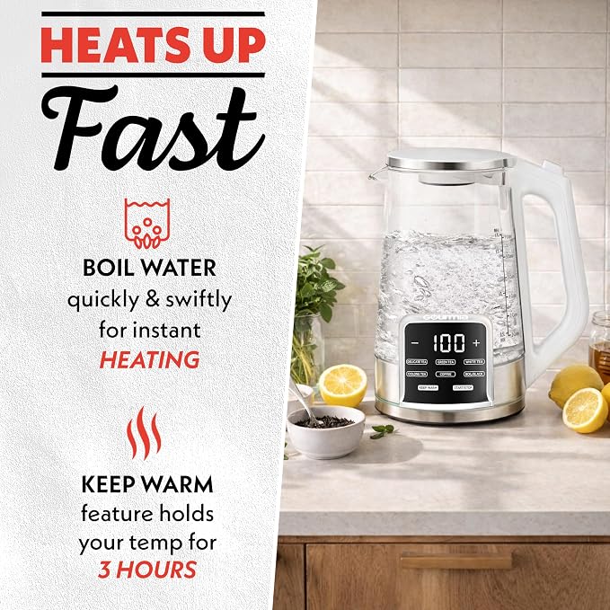 Gourmia Electric Glass Kettle – 1.7L Programmable Tea & Coffee Brewer with Digital Touch Display, 6 Presets, Removable Stainless Steel Infuser, Cordless with 360° Swivel Base, White