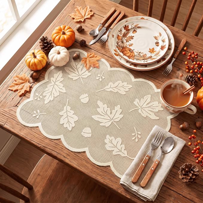 Artoid Mode Beige Maple Leaves Lace Fall Placemats Set of 4, 11x17 Inch Table Mats for Thanksgiving Party Dining Table Decoration