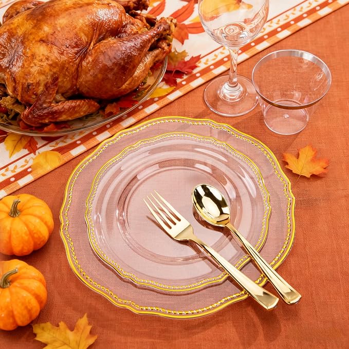 175 Pcs Clear Gold Plastic Plates Wedding & Party | Gold Plastic Dinnerware Set Includes 25 Dinner Plates, 25 Dessert Dinnerware, 25 Cups, 25 Napkins Perfect