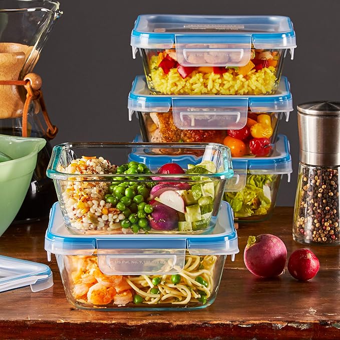 Snapware Glass Total Solutions (5-Pack, 4 Cup) Food Storage Containers Set | Airtight & leakproof plastic locking BPA-free lids, freezer, dishwasher, microwave safe