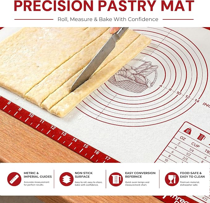 XL Silicone Pastry Mat for Baking Dough Mat, Extra Large 28x20 inches Red | Non-Stick & Non-Slip Dough Mat for Rolling Out with Measurements, Bread, Pizza, Pie Crust, Cookies, Fondant Oven Safe