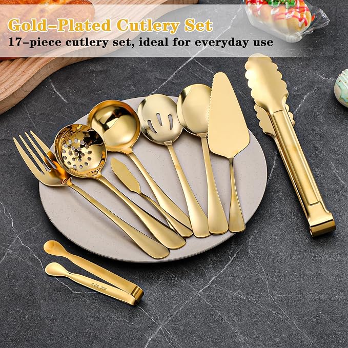 17pcs Gold Serving Utensils Set,Stainless Steel Large Serving Spoons,Slotted Spoon,Fork,Tongs,Cake Pie Server,Soup Spoon,Metal Buffet Banquet Cutlery for Parties Weeding Birthday Entertaining Catering