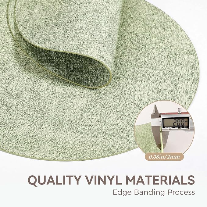 13" Round Placemats Set of 4, Reversible Faux Leather Wipeable Table Mats | 2mm Vinyl Heat Resistant Waterproof Oilproof Scratch Proof Non-Slip, Washable for Kitchen Dining Indoor Outdoor (Light Green)