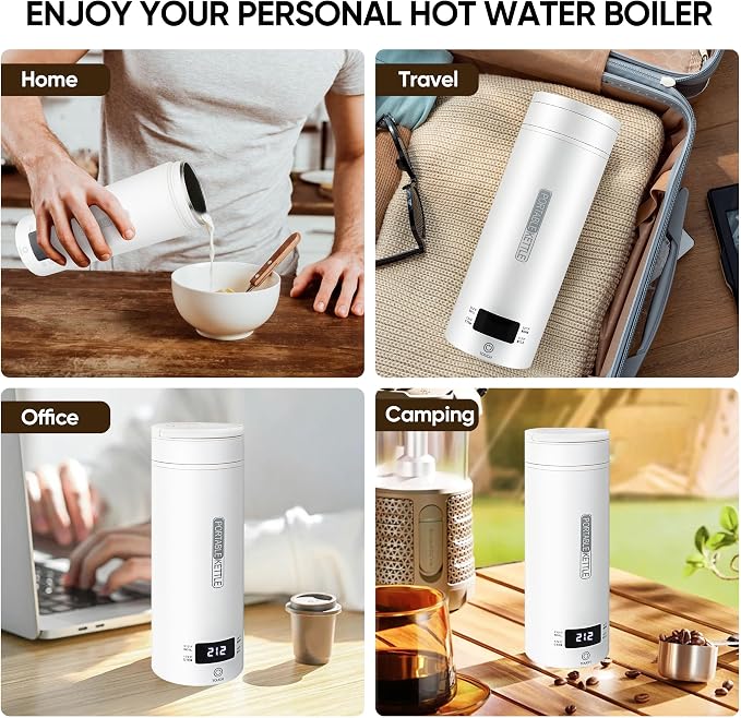 Travel Portable Electric Tea Kettle, Water Boiler,15oz,316 Stainless Steel | Small Coffee Heater, Fast Boiling Water, Auto Shut-off, Boil Dry Protection, 4 Temp Settings, Hotel,RV White