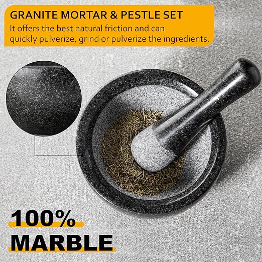 Velaze Large Mortar and Pestle Set,Granite,2 Cup Capacity | 6.3 Inch Pestle,16 oz Molcajete,Herb Crusher, Spice Grinder,Guacamole Bowl,Heavy Granite Stays Stable, Natural Unpolished