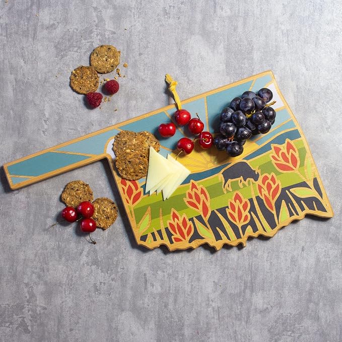 Totally Bamboo Oklahoma State Shaped Cutting Board, Summer Stokes Art | State charcuterie board with colorful hand-drawn landscape art. Smooth reverse side for food prep. Hang tie for wall display.