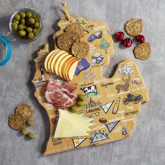Totally Bamboo Michigan State Shaped Cutting Board, Art by Fish Kiss | State charcuterie board with colorful hand-drawn map artwork. Smooth reverse side for food prep. Hang tie for wall display.