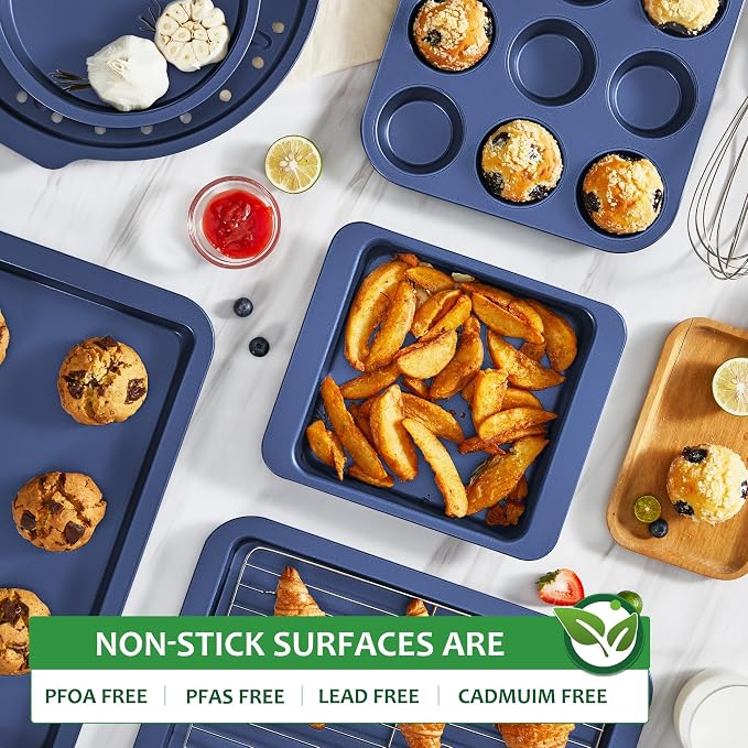 Bakeware Sets, Baking Pans Set, Nonstick Oven Pan for Kitchen with Wider Grips, 10-Piece Including Rack, Cookie Sheet, Cake Pans, Loaf Pan, Muffin Pan, Pizza Pan - Blue