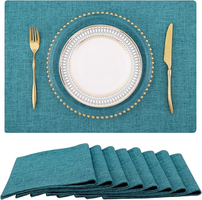 Faux Cotton Linen Placemats Set of 8, Cloth Washable Farmhouse Dining Table Mats for Indoors & Outdoors, Easy to Clean, Teal, 13 x 19 Inch