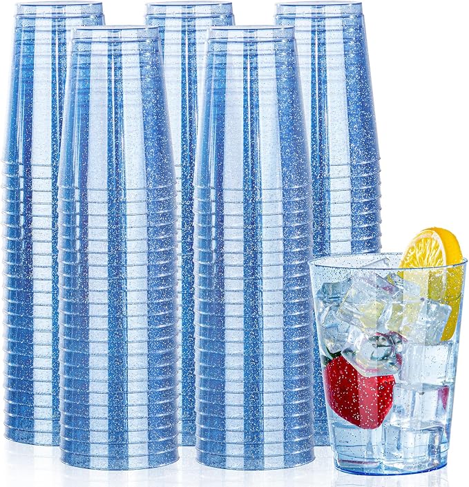 DaYammi 100 Pack Blue Plastic Cups 10 oz Disposable Cups Tumblers, Elegant Blue Glitter Party Drinking Cup Perfect for Wedding, Fancy Disposable Cup Plastic Cocktail Glasses Wine Glasses for Party