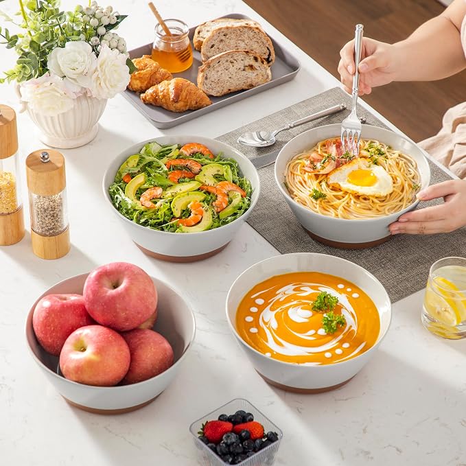 MALACASA Salad Bowls Set of 4, Soup Bowls for Kitchen, 60oz Ceramic Bowl | Large Deep Bowls for Ramen, Cereal, Fruit, Pho and Pasta, Microwave & Dishwasher Safe, Speckled, Grey & Brown, Series TARA