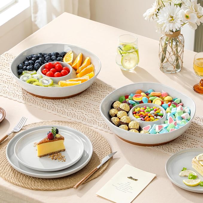 MALACASA Ceramic Chips and Dip Serving Tray, 12 Inch Dip Serving Tray | Free-Form Divided Ceramic Chips and Dip Bowls for Parties, Hosting and Entertaining, Khaki Gray