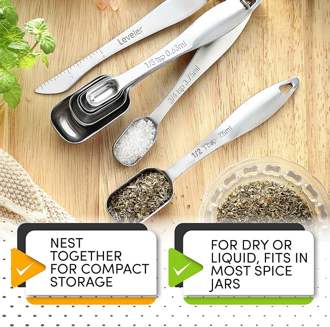 Spring Chef Stainless Steel Measuring Spoons Set of 8 with Leveler | Rectangular Metal Teaspoon & Tablespoon Measuring Spoons for Dry & Liquid Ingredients, Nesting Metric Spoons with Long Handle