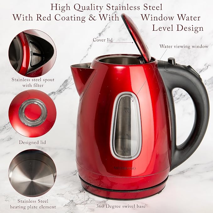 Moss & Stone Red Stainless Steel Electric Kettle, 1.7L Cordless 1500W | Large, portable hot water tea kettle, fast boiling pot, boil-dry protection, auto shut-off, blue Illuminate LED light