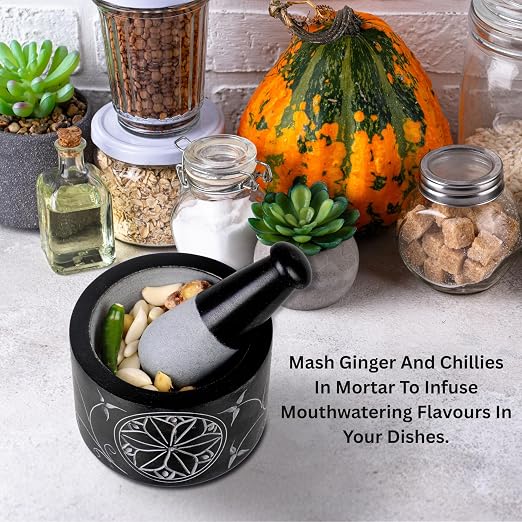 Mortar and Pestle, Made of Heavy Duty Polished Hard Stone, Natural Stone Grinder for Spices, Pastes, Herbs, Seasoning etc. (Nirvana, Normal)