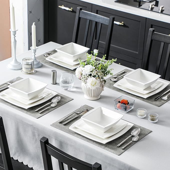 MALACASA 30 Piece Porcelain Dinnerware Set, Square Plates and Bowls for 6 | Complete with Plates, Bowls, Cups, Saucers, Microwave Oven and Dishwasher Safe Porcelain, Modern Square Design, Service for 6