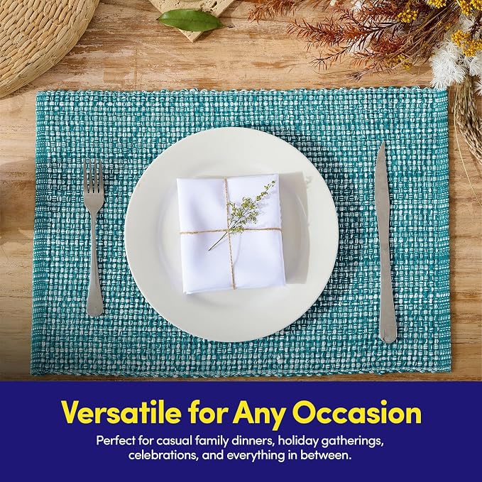 Sweet Home Collection 100% Cotton Placemats for Dining Room Rectangle Two Tone Woven Fabric 13" x 19" Soft Durable Table Mat Set, Set of 6, Turquoise