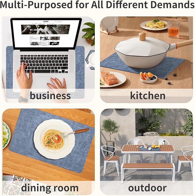 Maxpearl Faux Leather Placemats Set of 6, Easy to Clean, Blue | Waterproof - Heat Resistant - Non Slip - Wipe Clean Dining Table Place Mats, Suitable for Indoor & Outdoor Use, 17''×12''