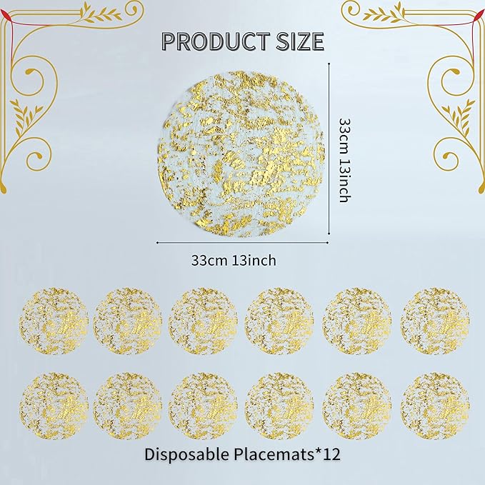 Snowkingdom Disposable Gold Placemats Set of 12 Metallic Round 13 Inch Foil Mesh Pressed Fall Table Mates 12 Pack Gold Doilies for Dining Table Wedding Birthday Party Holiday Home Decoration