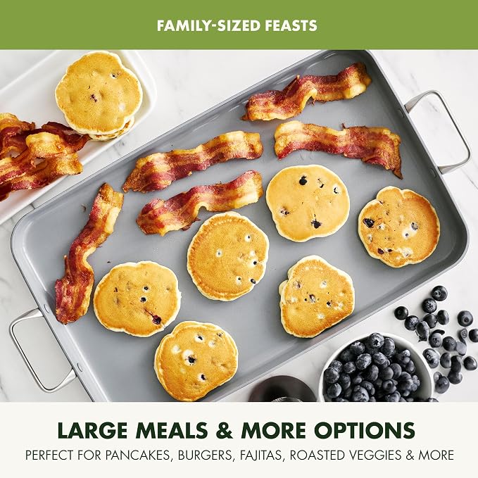 GreenPan Valencia Pro 18" x 11" Ceramic Nonstick Double Burner Griddle Pan | PFAS-Free Nonstick, Induction Ready, Compatible with all Stovetops, Hard Anodized, Gray, Dishwasher Safe, Oven Safe to 600F