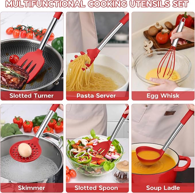 Onader 10 Pieces Silicone Kitchen Utensils Set, Cooking Utensils with Holder and Heat Resistant Stainless Steel Handle for Nonstick Cookware -Red