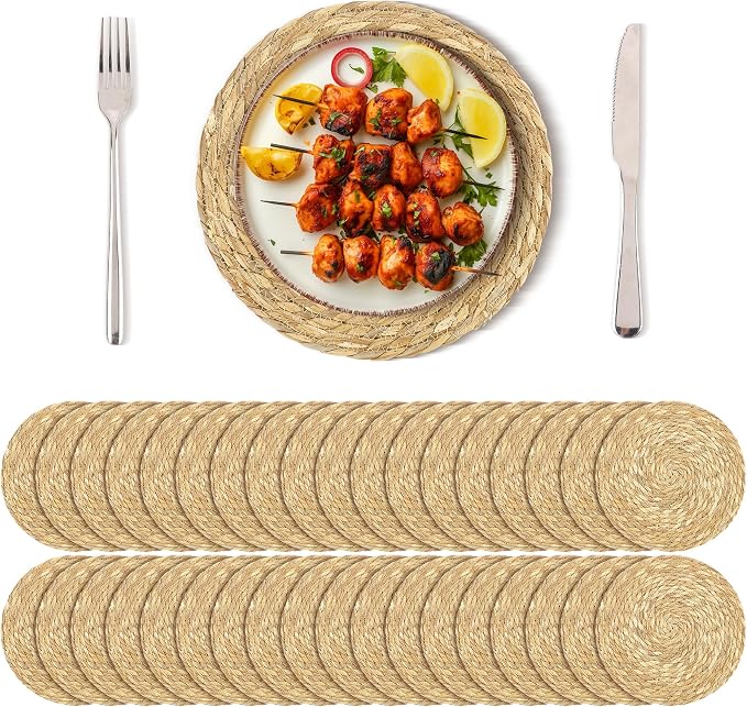 Kochorie Set of 36 Round Woven Placemats 12 Inch Bulrush Placemats Natural Handwoven Boho Rattan Wicker Table Mats for Farmhouse & Home Dining