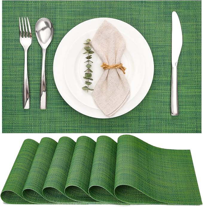 Myir JUN Placemats Set of 6 Kitchen and Dining Table Placemats | Vinyl Placemats Place Mats Indoor/Outdoor Set of 6 Washable Table Mats Non-Slip Place mats for Dining Table, Dark Green