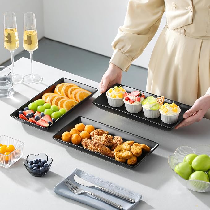 MALACASA 3 Tier Serving Trays for Party, 12 Inch Porcelain Black Trays for Serving Food, Dessert Stand with Collapsible Gold Metal Rack | Tiered Serving Stand for Party, Fruit Tray, Trays for Serving Food, Dessert Stand with Collapsible Sturdier Gold M...