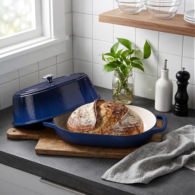 Enameled Cast Iron Dutch Oven Pot with Dome Lid, Oval Bread Oven for Homemade Sourdough Bread Baking, Oven Safe up to 500°F, 6 Quart, Blue