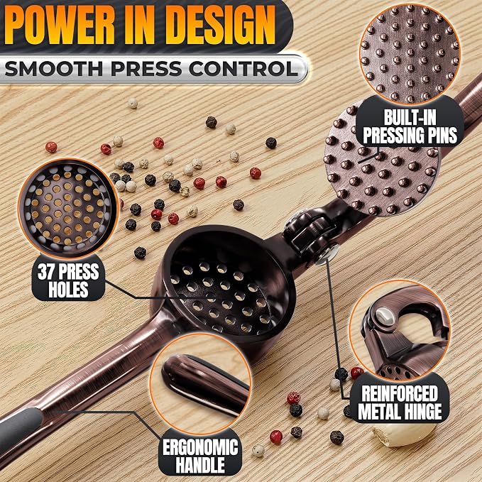 Stainless Steel Garlic Press Set, Peeler & Cleaning Brush, Copper | Ginger Mincer with 37 Built-In Studs for Maximum Extraction, Garlic Crusher for Ginger and Soft Nuts, Ergonomic Handle