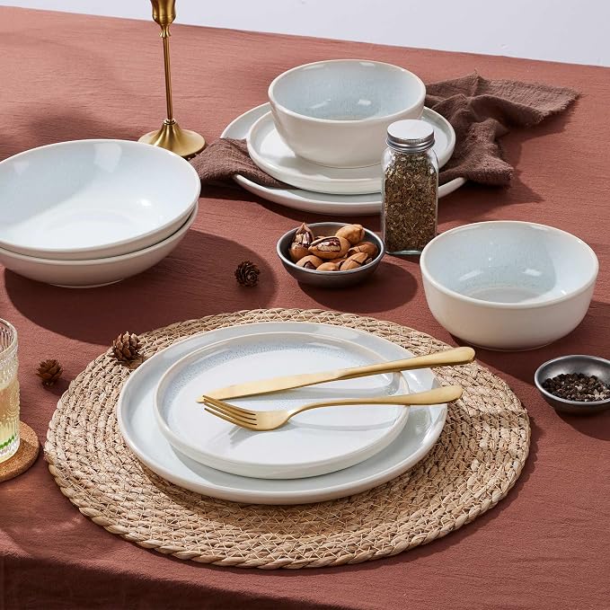 LIANYU 16 Piece Dinnerware Sets with Pasta Bowls for 4, Dusk White | Stoneware Plates and Bowls Set, Modern Dinning Ware Dishware Set, Microwave and Dishwasher Safe
