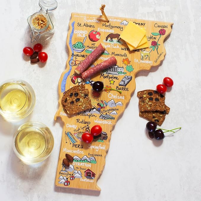 Totally Bamboo Vermont State Shaped Cutting Board, Art by Fish Kiss | State charcuterie board with colorful hand-drawn map artwork. Smooth reverse side for food prep. Hang tie for wall display.