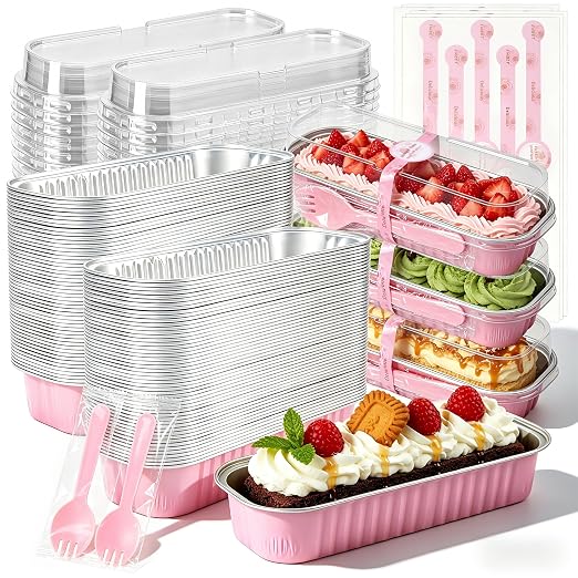 NPLUX Mini Cake Pans with Lids, 200 Pack Pink 6.8oz for Birthday Treats | Good for custard, snack cups, fruit toppings and baked samples; paired extras make serving details easier to finish.
