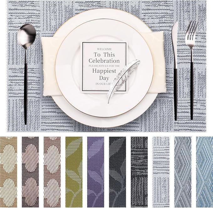 Placemats Set of 8 Plastic Vinyl Place Mats for Dinner Table, No-Slip Wipeable Table Mats Daily Use Patio Kitchen Decoration (18"x12", Grey)