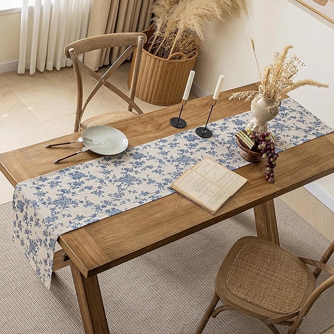Pastoral Table Runner - 14 x 48 Inch Rectangle - Washable Tabletop with Dust-Proof Wrinkle Resistant for Restaurant, Picnic, Indoor and Outdoor Dining, Floral (Dark Blue)