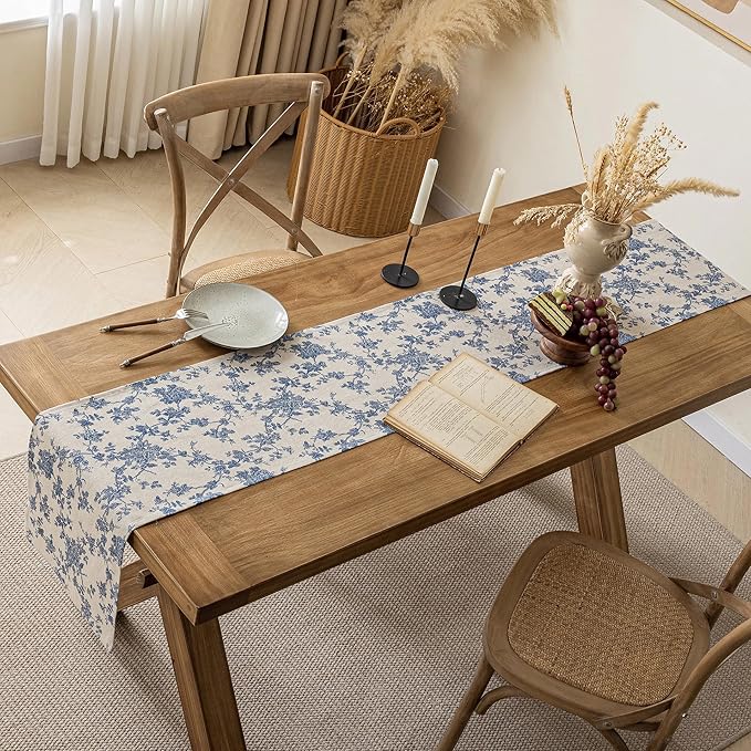 Pastoral Table Runner - 14 x 108 Inch Rectangle - Washable Tabletop with Dust-Proof Wrinkle Resistant for Restaurant, Picnic, Indoor and Outdoor Dining, Floral (Dark Blue)