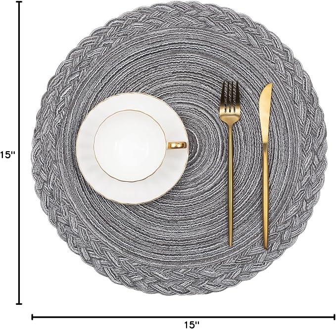 SHACOS Round Placemats Set of 6 Woven Round Table Mats 15 inch Braided Border Washable Cotton Polyester Circle Place Mats, Gray