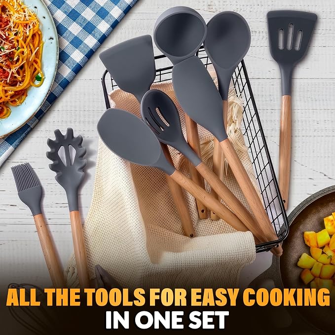 12 Pcs Gray Kitchen Utensils Set with Holder for Nonstick Cookware | Silicone Cooking Utensils Set for BBQ; Heat-Resistant Tools with Wooden Handles for Baking, Serving, Frying, and Mixing