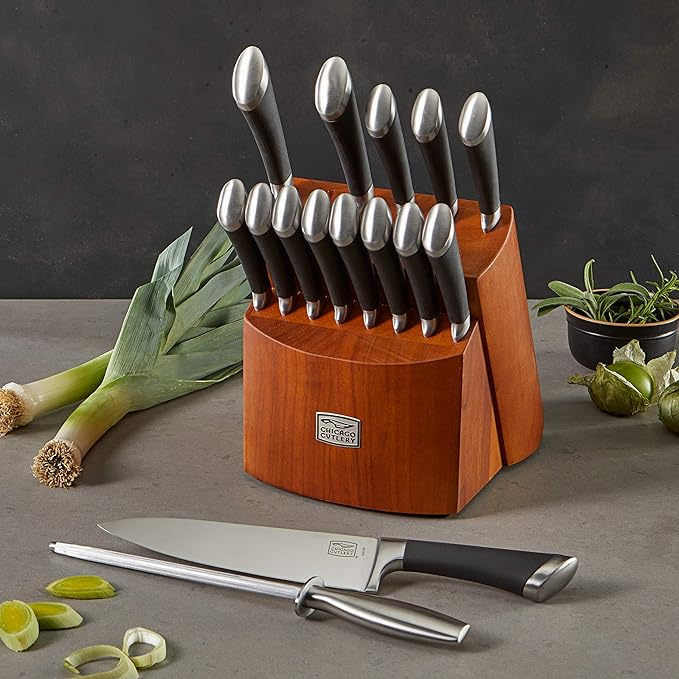 Chicago Cutlery Fusion 17 Piece Kitchen Knife Set with Wooden Storage Block, Cushion-Grip Handles with Stainless Steel Blades that Resists Stains, Rust, and Pitting
