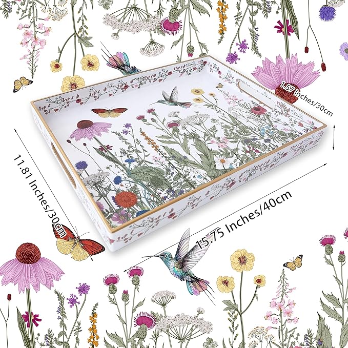 Serving Tray with Handles, Rectangular Plastic Tray 15.75x11.81 Inch, Wildflower, Butterflies & Hummingbirds Style Decorative Tray for Kitchen, Dining Table, Vanity, Office & Home
