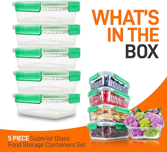 NutriChef 10-Piece Glass Food Storage Containers Set – (5 BPA-Free Airtight Meal Prep Containers with 5 Vented Locking Lids), Stackable & Oven Safe, Leakproof, Reusable, Freezer & Microwave Friendly