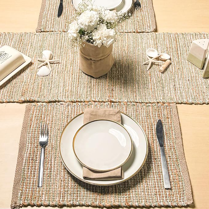 Natural Jute Sage Green-White Placemats, Set of 4, 13x19 | Rustic Handmade Boho Table Mats, In Dining Table, Kitchen, Everyday Meals, Holidays, Farmhouse or Modern Table Décor